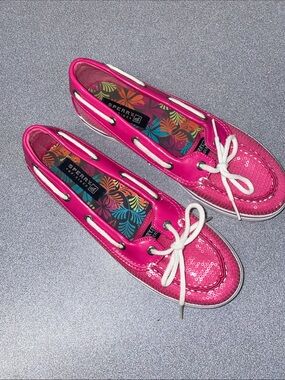 Sperry Women's Hot Pink Sequin Boat Shoes with White Laces